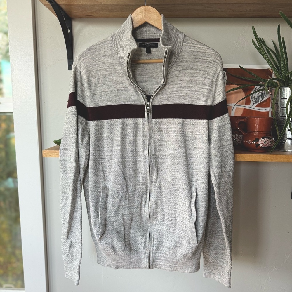 Banana Republic Light Gray Burgundy Stripe Full Zip Cardigan Size Large